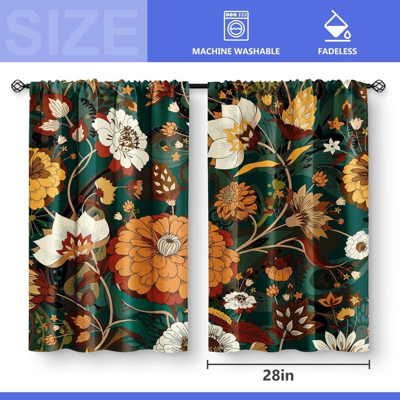 Aimego Boho Floral Kitchen Curtains - Bohemian Tropical Rustic Retro Flower Cafe Farmhouse Small Short Tier Window Curtains for Living Room Decor Rod Pocket Window Drapes 36 Inch Length Set 28"x36" - Image 3